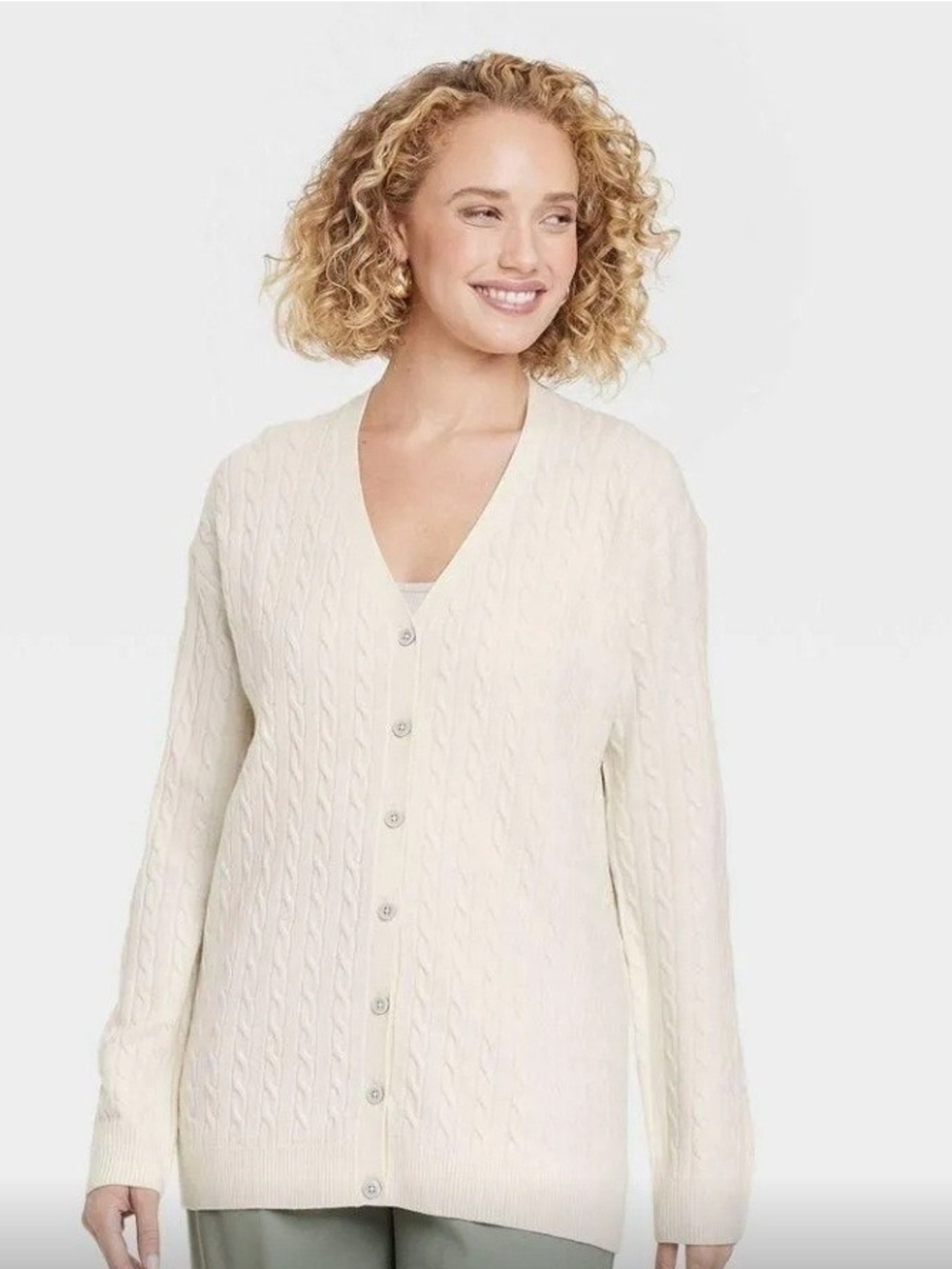 A New Day - Cream Cable-Knit V-Neck Button Cardigan Sweater